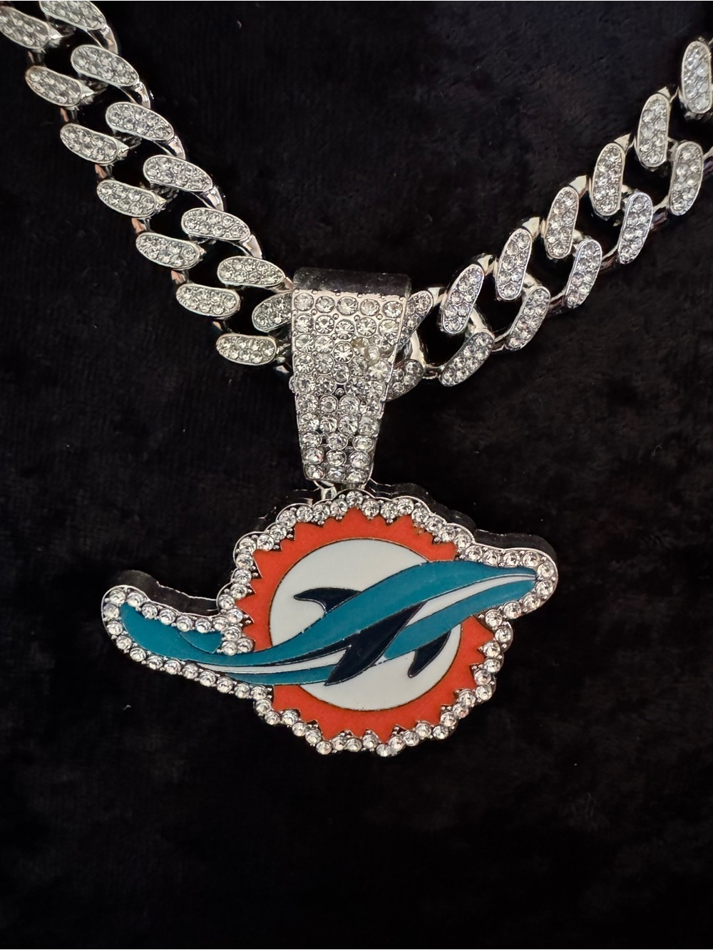 NFL Miami Dolphins Pendant with 20” Crystal Chain Unisex Football Jewelry